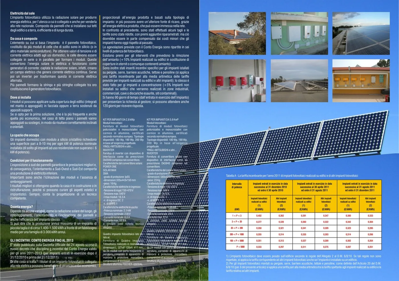 Interno del depliant con schede tecniche e tabelle